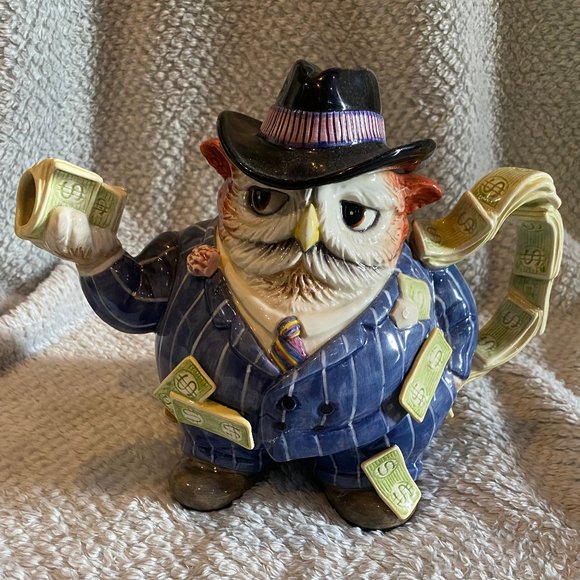 Vintage Fitz and Floyd Birdbrains Owl Capone Tea Pot -RARE w/ papers - Picture 1 of 9
